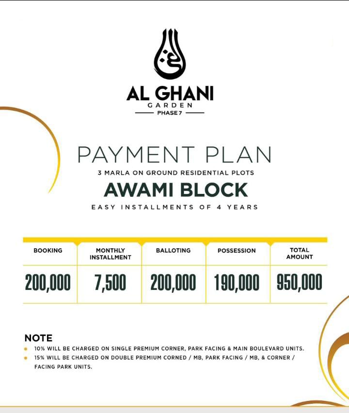 3 Marla On ground Plot on Installment with Easy Payment Plan in Awami Block of Al Ghani Garden Lahore
